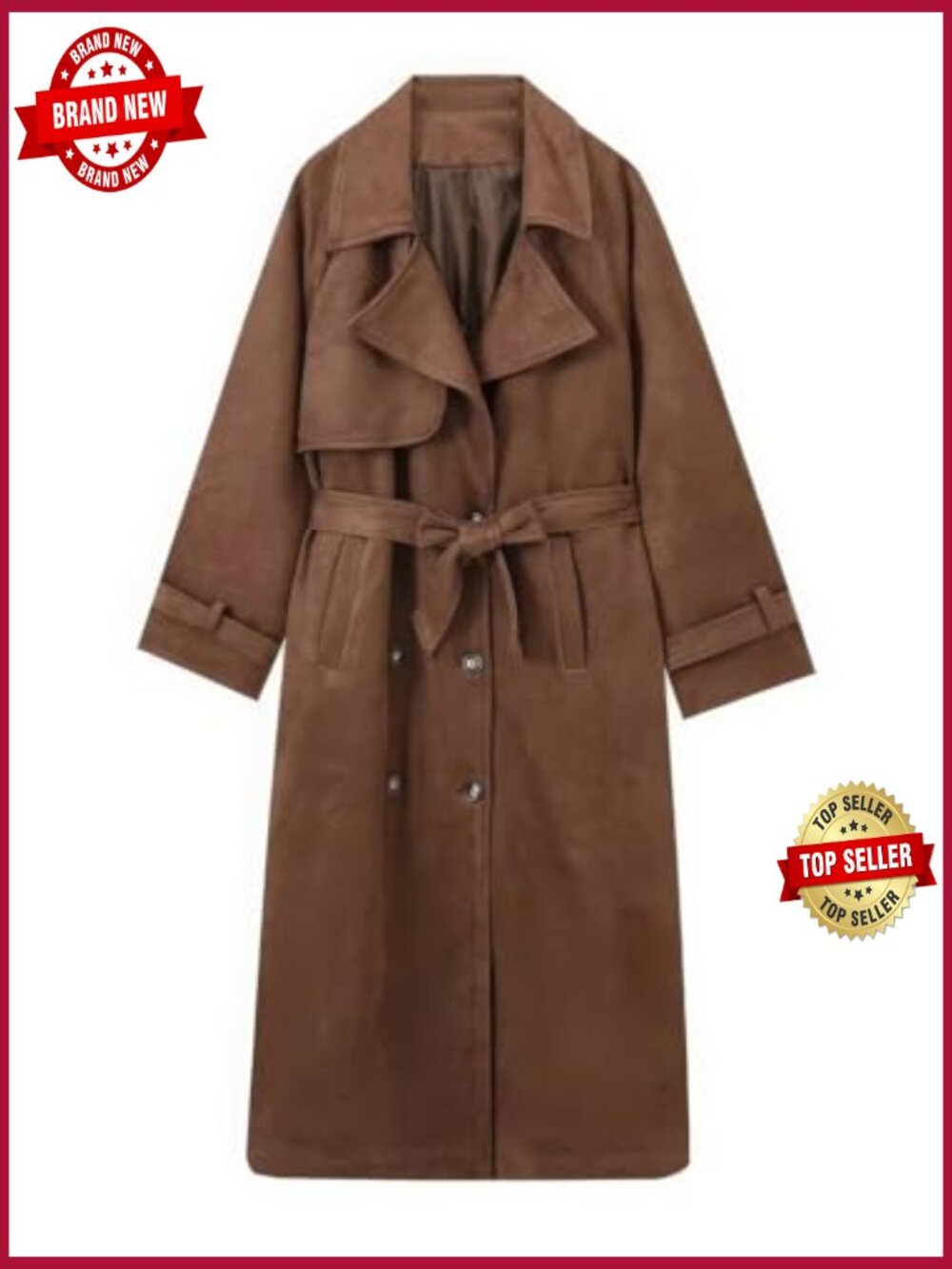Faux Suede Open Front Long Trench Coat Double Breasted Maxi Overcoat with Belt - Picture 2 of 5